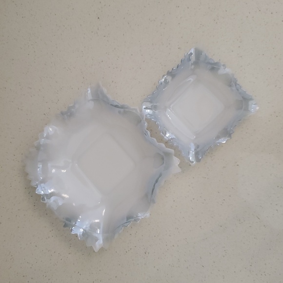 Vintage Pale Blue Milk Glass Diamond Ruffled Sawtooth Edge Dishes Set of 2 - Picture 2 of 8